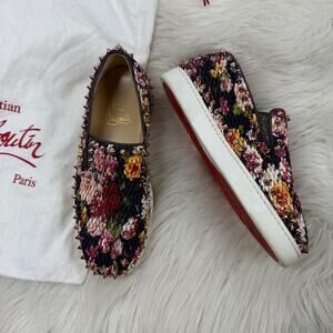 EUC • Christian‎ Louboutin PIK BOAT Quilted Floral Tissu Spike Flats Size: 35